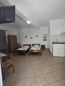 a living room with two beds and a kitchen at Icthyoessa in Agios Kirykos