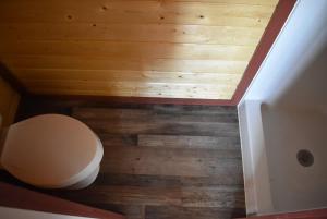 a bathroom with a toilet and a wooden floor at Charming small cabin in Floydada