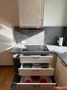 a kitchen with a sink and a counter top at Ruhrperle Apartment 3 Essen in Essen +13 photos