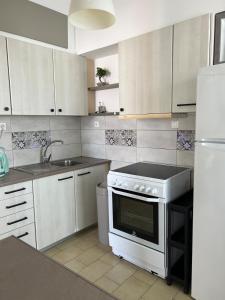a kitchen with a white stove and a sink at 30 Thirty in Agios Nikolaos