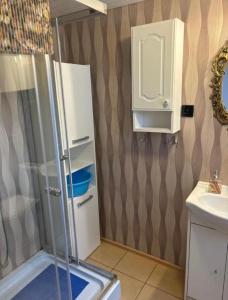 a bathroom with a shower and a sink at Domki u Dorotki in Jantar