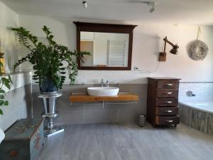 un bagno con un lavandino, uno specchio e una vasca di Ferienwohnung Rhönblick a Bad Königshofen im Grabfeld Altre 16 foto