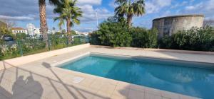 a swimming pool with blue water and palm trees at Le Marin - Pool and parking in Antibes