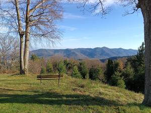 een bank in een veld met bergen op de achtergrond bij Se détendre Au Petit Epi in Turckheim