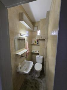a small bathroom with a toilet and a sink at Kons beach front in Kalamata +30 photos