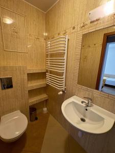 a bathroom with a sink and a toilet and a mirror at Pokoje Gościnne u Małgosi in Mielno