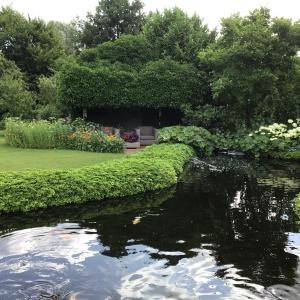 a pond in a garden with flowers and plants at Appartement de Tuinkamer in Ter Apel
