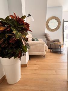 een woonkamer met een plant in een grote witte pot bij Apartamento Carmen Centro in Nerja