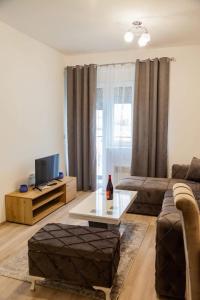 Una sala de estar con un sofá y una mesa de café. en AQUA LUX APARTMAN, en Jagodina
