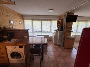 a kitchen with a table and a washer and dryer at Studio station Puy-Saint-Vincent in Puy-Saint-Vincent