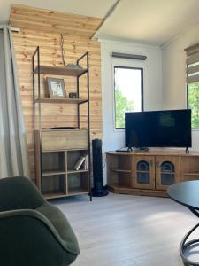 sala de estar con TV de pantalla plana y centro de entretenimiento en Domek z widokiem na jezioro, en Jora Wielka