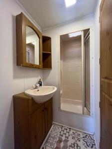 Un baño con lavabo y ducha en Domek z widokiem na jezioro, en Jora Wielka