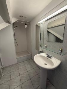 a white bathroom with a sink and a shower at La douce Parenthèse in Namur