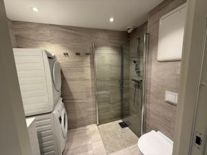 a bathroom with a shower and a toilet at Modern apartment with free parking in Bergen +15 photos