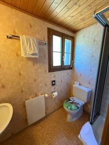 un bagno con un water, un lavandino e una finestra di Hotel Fassbind Beausite a Beatenberg