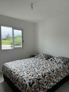 a bedroom with a bed with a comforter and a window at Expédit Horizon in Salazie