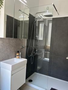 Un baño con ducha, lavabo e inodoro. en Kempten zentral 1-Zimmer Wohnung, en Kempten 10 fotos más