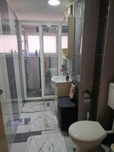 a bathroom with a toilet and a shower and a sink at Apartman 4A in Bihać +11 photos