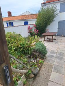 einen Garten mit einer Bank und Blumen im Hof in der Unterkunft Noirmoutier house 6 to 8 people in Noirmoutier-en-l'lle
