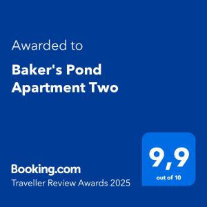Certifikát, ocenenie alebo iný dokument vystavený v ubytovaní Baker's Pond Apartment Two