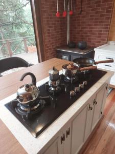 a kitchen with a stove with pots and pans on it at Chalé Samambaia 27 in São Francisco de Paula