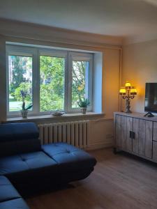 a living room with a couch and two windows at Sea nest in Jūrmala
