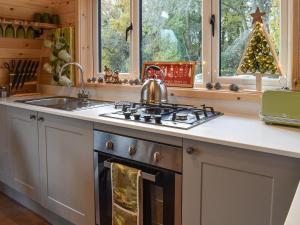 a kitchen with a stove with a tea kettle on it at Lakeview Lodge- Uk40692 in Crowhurst