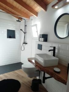 a bathroom with a sink and a toilet and a mirror at Sunset Little House in Aljezur