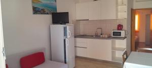 a small kitchen with a refrigerator and a microwave at Apartmani Trputec, otok Vir in Vir