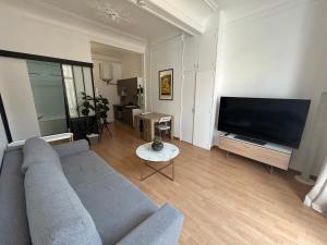 a living room with a couch and a flat screen tv at T2 centre historique écusson in Montpellier