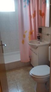 a bathroom with a shower curtain and a toilet and a sink at Apartmani Trputec, otok Vir in Vir