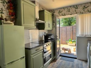 a kitchen with green cabinets and a dog looking out the window at Ash Cottage in Tollerton