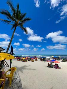a beach with a palm tree and people on the beach at Pousada Serrate in Ubatuba