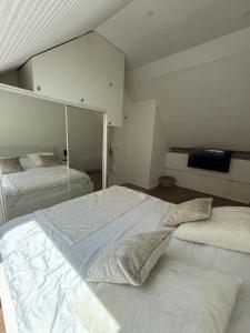 a bedroom with two beds and a flat screen tv at Pretty little house Jolie petite maison in Rueil-Malmaison