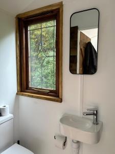 a bathroom with a sink and a mirror and a window at The little shepherds hut in Brinkworth +33 photos
