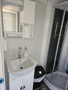 a bathroom with a sink and a shower at Farm house in Kelso