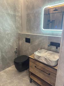 a bathroom with a sink and a toilet and a mirror at Квартира Фонтанка, ТРЦ Рів'єра, пляж Яхта in Fontanka +26 photos