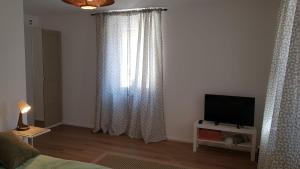 a living room with a window with curtains and a television at ME Apartments - Erbach in Bad Camberg