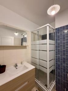 ein Badezimmer mit Waschbecken und Glasdusche in der Unterkunft Studio Vue Mer - Boucan Canot Cap Homard in Saint-Paul