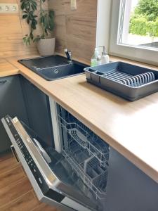 einen Geschirrspüler in einer Küche neben einer Spüle in der Unterkunft Saujana House - Peaceful Borderside Retreat in Mosonmagyaróvár