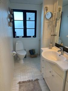 a bathroom with a sink and a toilet and a window at Feriebolig smukt beliggende i vandkanten in Munkebo +11 photos