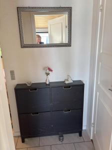 a dresser in a room with a mirror at Feriebolig smukt beliggende i vandkanten in Munkebo