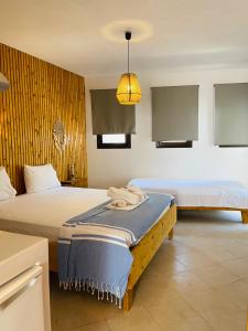 a hotel room with two beds and a table at Studios Galini Porto Koufo in Porto Koufo