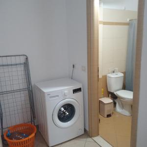 a bathroom with a washing machine and a toilet at Saranda Kodra Underground Flat in Polisi i Vogël