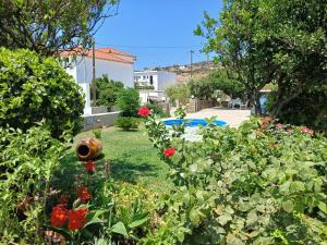 a garden with red flowers in a yard at Villa Joanna in Batsi