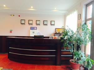 ein Wartezimmer mit Theke und Topfpflanzen in der Unterkunft Maverick Hotel in Sonnenstrand