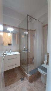 a bathroom with a shower and a sink and a toilet at Maisonette Mara in Kriopigi