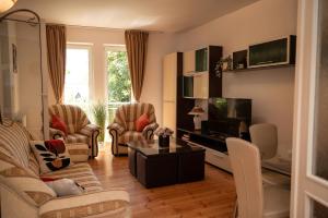 a living room with a couch and chairs and a television at Mamamia Apartman in Gyula