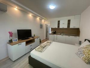 a bedroom with a large bed and a television at Студио Симона 3 - първа линия море in Lozenets