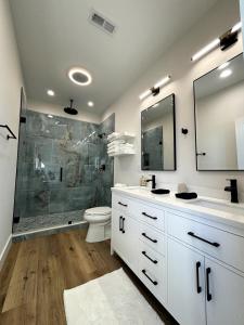 a bathroom with a shower and a toilet and a sink at Exclusive Lakefront Retreat on Douglas Lake in Dandridge